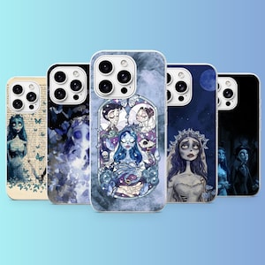 May include: Five smartphone cases featuring various illustrations of characters from the film Corpse Bride. The designs include a vintage book page style, a butterfly swarm, a stained glass window motif, a moonlit portrait, and a dark scene.