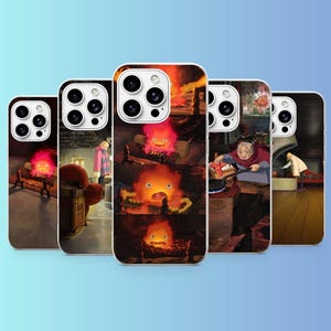 Könnte beinhalten: Eine Sammlung von fünf Smartphone-Hüllen mit verschiedenen Szenen aus einem Animationsfilm. Die Designs zeigen eine leuchtend orangefarbene Feuerfigur, eine Person in einem rosa Mantel und eine ältere Figur, die in einer Küche am Kamin kocht.