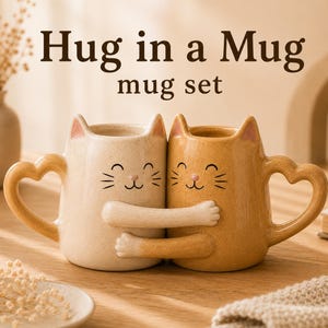 May include: A set of two ceramic mugs shaped like cats, one cream and one orange, featuring heart-shaped handles and arms that wrap around each other in a hug. The text "Hug in a Mug mug set" is printed above the mugs in dark brown lettering.