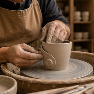 Pu&ograve; includere: Una tazza in argilla color beige chiaro modellata su un tornio da vasaio. La tazza presenta un corpo cilindrico liscio con un distinto elemento laterale curvo che include un piccolo dettaglio circolare con motivo a spirale sulla superficie.