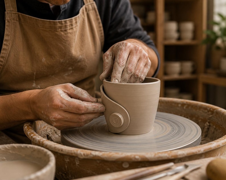 Pu&ograve; includere: Una tazza in argilla color beige chiaro modellata su un tornio da vasaio. La tazza presenta un corpo cilindrico liscio con un distinto elemento laterale curvo che include un piccolo dettaglio circolare con motivo a spirale sulla superficie.