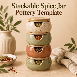 Puede incluir: Una pila de cuatro tarros de especias de cerámica redondos con tapas de madera, cada uno con una abertura frontal. Los tarros están moteados en crema, verde salvia, terracota y verde oliva. El texto dice: Stackable Spice Jar Pottery Template.