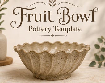 May include: A beige speckled ceramic bowl with a scalloped rim and vertical fluted sides. The text "Fruit Bowl Pottery Template" is displayed in dark brown script and serif font above the bowl, accompanied by a small decorative leaf icon.