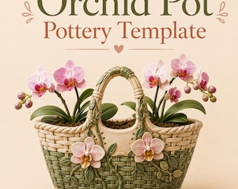 Szablon doniczki z orchideą | Szablon doniczki z ceramiki w formacie PDF | Wzór ceramicznej doniczki z orchideą | Szablon do samodzielnego wykonania z gliny | Pobieranie cyfrowe