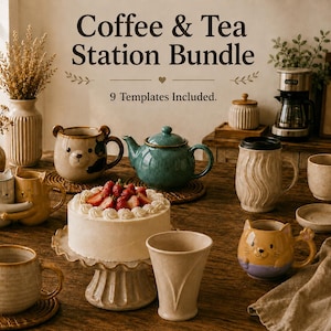 Coffee and Tea Pottery Templates Bundle | Mug, Teapot, Cake Stand & Ceramic Cup Collection | Handmade Tea Station Clay Printable Templates