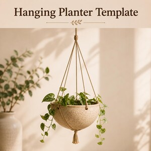 Può includere: Un vaso da fiori in ceramica beige maculata sospeso da corde color sabbia, con il testo Hanging Planter Template in alto. Il vaso contiene una pianta verde ricadente con foglie a forma di cuore e una nappa decorativa nella parte inferiore.