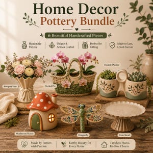 Home Decor Pottery Templates Bundle | Bouquet Vase, Orchid Pot, Double Planter, Mushroom House, Dragonfly & Cake Stand | 6 PDF Templates