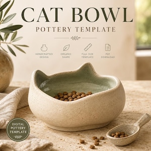 Könnte beinhalten: Eine Keramikschale für Katzen mit gesprenkelter beiger Außenseite und hellgrünem Inneren, die am Rand zwei spitze, ohrenartige Formen aufweist. Der Text CAT BOWL POTTERY TEMPLATE ist darüber zusammen mit verschiedenen Symbolen zu sehen.