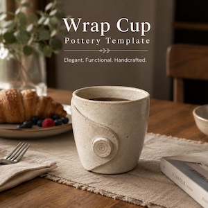 Pu&ograve; includere: Una tazza in ceramica beige con finitura maculata e un design avvolgente caratterizzato da un dettaglio circolare simile a un bottone sul davanti. Il testo "Wrap Cup Pottery Template" e "Elegant. Functional. Handcrafted." &egrave; visibile.