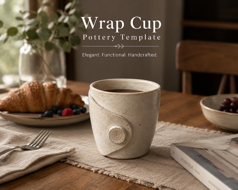 Pu&ograve; includere: Una tazza in ceramica beige con finitura maculata e un design avvolgente caratterizzato da un dettaglio circolare simile a un bottone sul davanti. Il testo "Wrap Cup Pottery Template" e "Elegant. Functional. Handcrafted." &egrave; visibile.