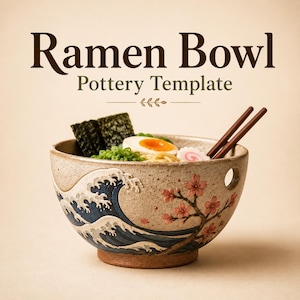 Puede incluir: Un cuenco de cerámica para ramen con un diseño en relieve de una ola azul y flores de cerezo rosas, con un orificio circular en el borde. El cuenco contiene fideos ramen, un huevo, cebollino y algas. Texto: Ramen Bowl Pottery Template.