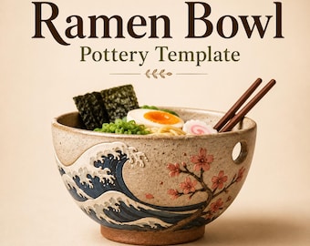 May include: A ceramic ramen bowl featuring a relief design of a blue wave and pink cherry blossoms, with a circular hole on the rim. The bowl contains ramen noodles, a soft-boiled egg, green onions, and seaweed. Text reads: Ramen Bowl Pottery Template.