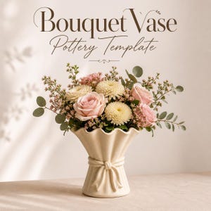 May include: A cream-coloured ceramic vase with a fluted, flared rim and a sculpted bow detail at the centre. The text Bouquet Vase Pottery Template is displayed above the vase, which is filled with a floral arrangement of pink roses and white chrysanthemums.