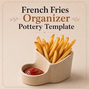 Può includere: Un supporto in ceramica beige maculato con due scomparti distinti, uno riempito con patatine fritte dorate e l'altro contenente ketchup rosso. Il testo "French Fries Organizer Pottery Template" è stampato sopra l'oggetto.