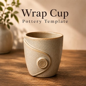 May include: A beige speckled ceramic cup featuring a wrap-around design with a circular spiral detail on the front. The text "Wrap Cup Pottery Template" is printed above the cup in dark brown letters against a light background.