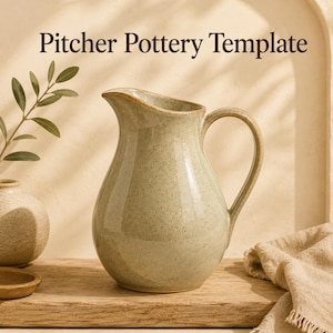 Puede incluir: Una jarra de cerámica de color verde claro con acabado moteado, asa curva y pico vertedor ancho. El texto Pitcher Pottery Template aparece sobre la jarra en una fuente serif de color marrón oscuro sobre un fondo neutro.