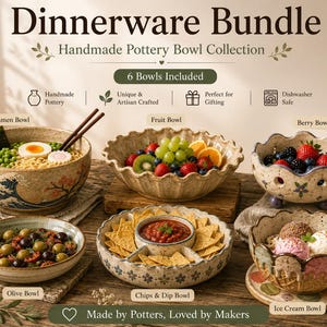 May include: A dinnerware bundle featuring six handmade pottery bowls including a ramen bowl with a wave design, a fruit bowl, a berry bowl, an olive bowl, a chips and dip bowl with a central compartment, and an ice cream bowl with a waffle texture.