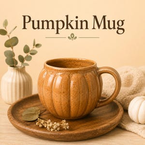 Może przedstawiać: Okrągły, pomarańczowy, nakrapiany kubek ceramiczny w kształcie dyni z pionowymi żłobieniami i zakrzywionym uchem. Napis "Pumpkin Mug" widnieje ciemnobrązowymi literami nad kubkiem, który stoi na okrągłej drewnianej tacy.