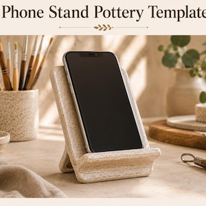 Puede incluir: Un soporte para teléfono de cerámica beige moteado que sostiene un teléfono inteligente negro. El texto Phone Stand Pottery Template aparece en la parte superior. El soporte tiene un respaldo inclinado y un borde frontal para sostener el dispositivo.