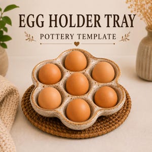 May include: A speckled beige ceramic egg holder tray with a flower-like shape, containing seven brown eggs. The text EGG HOLDER TRAY POTTERY TEMPLATE is printed above the tray. The tray rests on a round woven rattan mat.