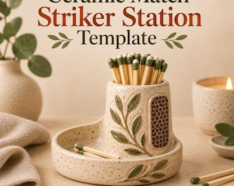 May include: A speckled beige ceramic match striker station featuring a cylindrical holder with a green leaf relief design and a honeycomb-textured striking surface. The base includes a tray for loose matches, which are filled with green-tipped sticks.