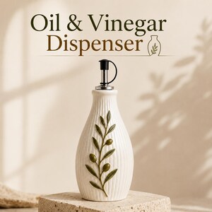Op de afbeelding: Een witte keramische olie- en azijndispenser met een verticale ribbelstructuur en een verhoogd groen olijftakontwerp. De fles heeft een zilverkleurige metalen schenktuit met een zwarte dop. De tekst Oil & Vinegar Dispenser staat erboven.