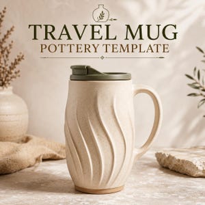 May include: A cream-colored ceramic travel mug with a speckled finish and vertical wavy ridges. The mug features a dark olive green lid and a matching handle. Above the mug, the text reads TRAVEL MUG POTTERY TEMPLATE with a small vase icon.