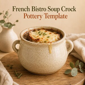 May include: A speckled cream-colored ceramic soup crock with two side handles, filled with onion soup topped with melted cheese and herbs. The text "French Bistro Soup Crock Pottery Template" is displayed in dark green and brown lettering above.