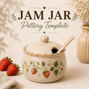 May include: A speckled ceramic jam jar with a matching lid and spoon, featuring a painted strawberry vine pattern with green leaves and white flowers. The text JAM JAR Pottery Template is displayed above the jar in dark brown lettering.