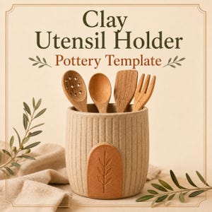Peut inclure: Un porte-ustensiles cylindrique en argile beige avec des rainures verticales et un accent central en forme d'arche couleur terre cuite avec un motif de feuille en relief. Le texte Clay Utensil Holder Pottery Template est au-dessus des ustensiles.