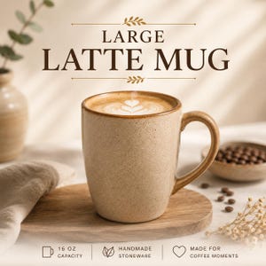 Könnte beinhalten: Ein großer, beigefarbener, gesprenkelter Steinzeug-Latte-Becher, gefüllt mit Kaffee mit Herz-Latte-Art. Der Text lautet LARGE LATTE MUG, 16 OZ CAPACITY, HANDMADE STONEWARE und MADE FOR COFFEE MOMENTS. Der Becher hat einen geschwungenen Henkel.