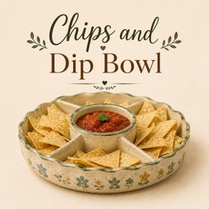 Könnte beinhalten: Eine runde Keramikschale für Chips und Dip mit gewelltem Rand, cremefarbener Sprenkeloptik und kleinen bemalten Blumenmotiven. In der Mitte befindet sich rote Salsa, während die umliegenden Bereiche mit dreieckigen Tortilla-Chips gefüllt sind.