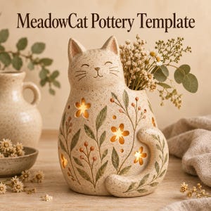 May include: A speckled ceramic cat-shaped vase with a light beige finish, featuring cut-out flower shapes and painted green leaf and berry motifs. The text MeadowCat Pottery Template is visible above the cat, which holds a bouquet of small white flowers.