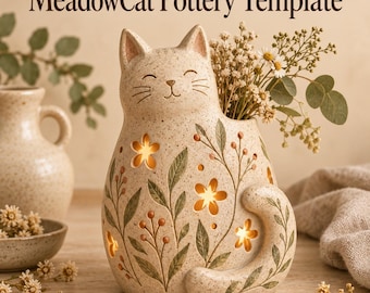 Meadow Cat Pottery Template PDF | Ceramic Cat Planter | Whimsical Animal Pottery | Slab Building Pattern | Instant Download | NO AI