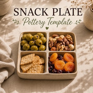 May include: A square, four-sectioned beige ceramic snack plate filled with green olives, mixed nuts, square crackers, and dried apricots and cranberries. The text SNACK PLATE Pottery Template is printed in dark brown above the plate.