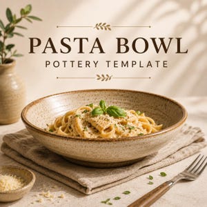 May include: A speckled beige ceramic pasta bowl containing fettuccine pasta topped with basil and cheese. The text PASTA BOWL POTTERY TEMPLATE is centred above the bowl. A small bowl of cheese and a metal fork are placed nearby.