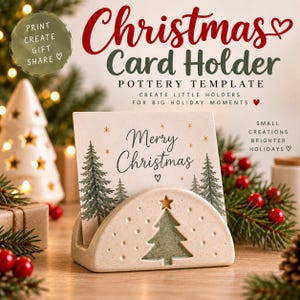 May include: A semi-circular ceramic card holder with a speckled off-white finish, featuring a cutout of a green Christmas tree topped with a star. A card with the text Merry Christmas and pine tree illustrations is inserted into the holder.
