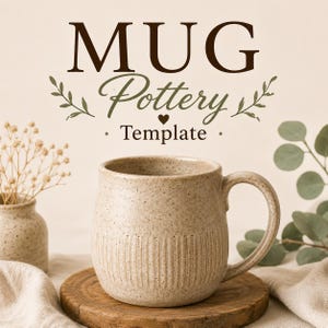 May include: A speckled beige ceramic mug with a rounded body and vertical ribbed texture at the base. The text MUG Pottery Template is printed above the mug in dark brown lettering, accompanied by small leaf illustrations and a heart icon.