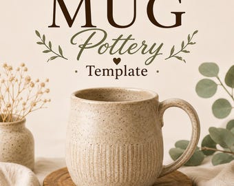May include: A speckled beige ceramic mug with a rounded body and vertical ribbed texture at the base. The text MUG Pottery Template is printed above the mug in dark brown lettering, accompanied by small leaf illustrations and a heart icon.
