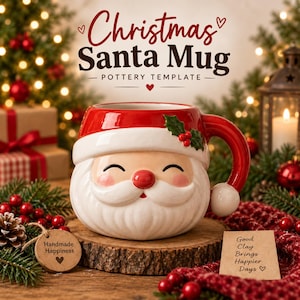 Könnte beinhalten: Ein Keramikbecher in Form eines Weihnachtsmanns mit roter Mütze, weißem Bart und runder roter Nase. Der Becher steht auf einer Holzscheibe. Der Text darüber lautet Christmas Santa Mug Pottery Template. Ein Anhänger zeigt Handmade Happiness und ein weiterer Good Clay Brings Happier Days.