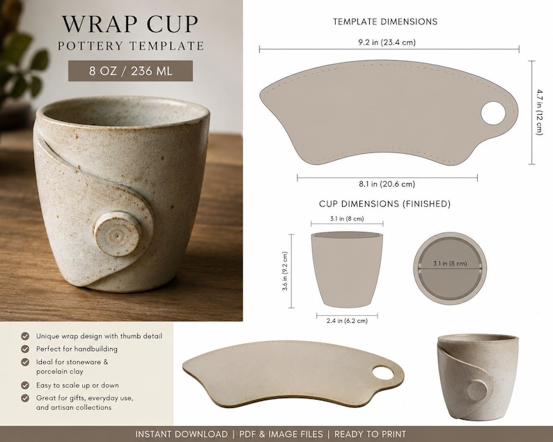 Pu&ograve; includere: Una tazza in ceramica beige con dettaglio per il pollice e un modello per ceramica. Il modello misura 23,4 cm per 12 cm. La tazza finita &egrave; alta 9,2 cm con un diametro di 8 cm. Il testo include WRAP CUP POTTERY TEMPLATE 8 OZ / 236 ML.