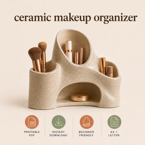 Makeup Organizer Pottery Template | Ceramic Cosmetic Holder Pattern | Slab Building Vanity Organizer | DIY Makeup Storage Template PDF
