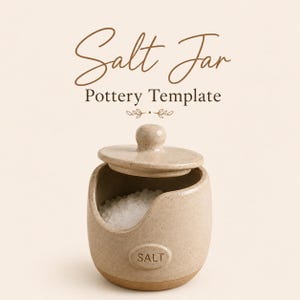 Puede incluir: Un tarro de sal de cerámica beige moteado con tapa a juego y una amplia abertura frontal llena de sal blanca. El tarro presenta una etiqueta ovalada en relieve con la palabra SALT. Sobre el tarro, el texto dice Salt Jar Pottery Template.