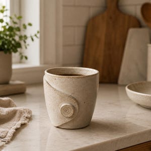 Pu&ograve; includere: Una tazza in ceramica beige maculata con un corpo liscio e arrotondato, caratterizzata da un dettaglio decorativo a patta sovrapposta sul davanti con un piccolo accento circolare simile a un bottone. La tazza ha una finitura opaca e terrosa.