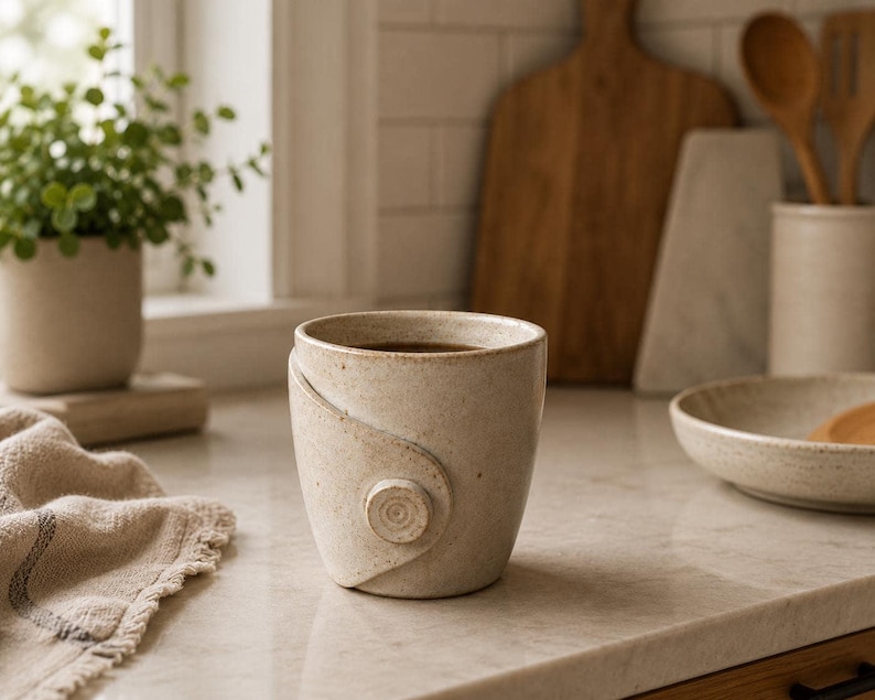 Pu&ograve; includere: Una tazza in ceramica beige maculata con un corpo liscio e arrotondato, caratterizzata da un dettaglio decorativo a patta sovrapposta sul davanti con un piccolo accento circolare simile a un bottone. La tazza ha una finitura opaca e terrosa.