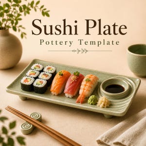 Könnte beinhalten: Ein rechteckiger, hellgrün gesprenkelter Keramik-Sushiteller mit integrierter runder Vertiefung für Sojasauce und dem Text Sushi Plate Pottery Template. Der Teller enthält vier Maki-Rollen, drei Nigiri-Stücke, Wasabi und Ingwer.