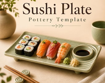 Szablon ceramiczny na talerz sushi w formacie PDF | Ceramiczna taca do serwowania sushi | Wzór na talerz ceramiczny w formie płyty | Ręczne formowanie z gliny | Natychmiastowe pobranie