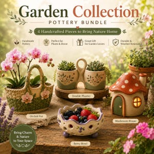 Garden Pottery Templates Bundle | Orchid Pot, Double Planter, Mushroom House & Berry Bowl | Slab Building | 4 Templates | Instant Download