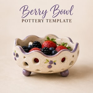 May include: A cream-coloured ceramic berry bowl with a scalloped rim, purple painted accents, and circular drainage holes. The bowl features hand-painted berry motifs and stands on three small purple feet. Text reads Berry Bowl POTTERY TEMPLATE.