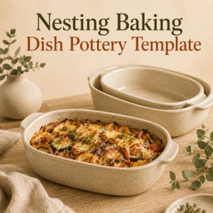 Può includere: Due pirofile ovali in ceramica beige maculata con manici laterali. Una pirofila è vuota, mentre l'altra contiene uno sformato di verdure al forno. Il testo "Nesting Baking Dish Pottery Template" è visualizzato con caratteri verde scuro e marrone.